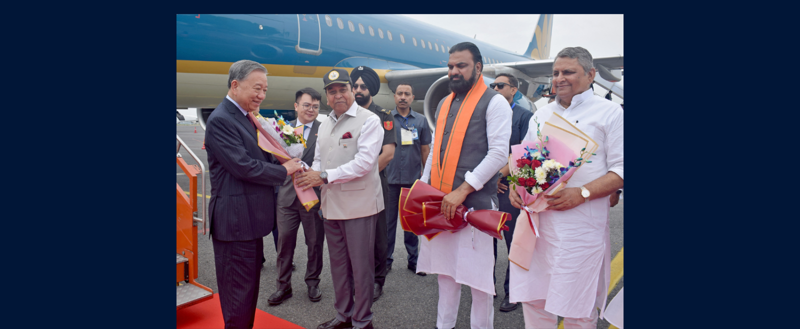 General Secretary of the Communist Party of Vietnam, President of Vietnam, H.E. Mr. To Lam received by Governor of Bihar, Lt. Gen. Syed Ata Hasnain (Retd.) and Chief Minister of Bihar, Shri Samrat Choudhary upon his arrival at the airport in Bodh Gaya​