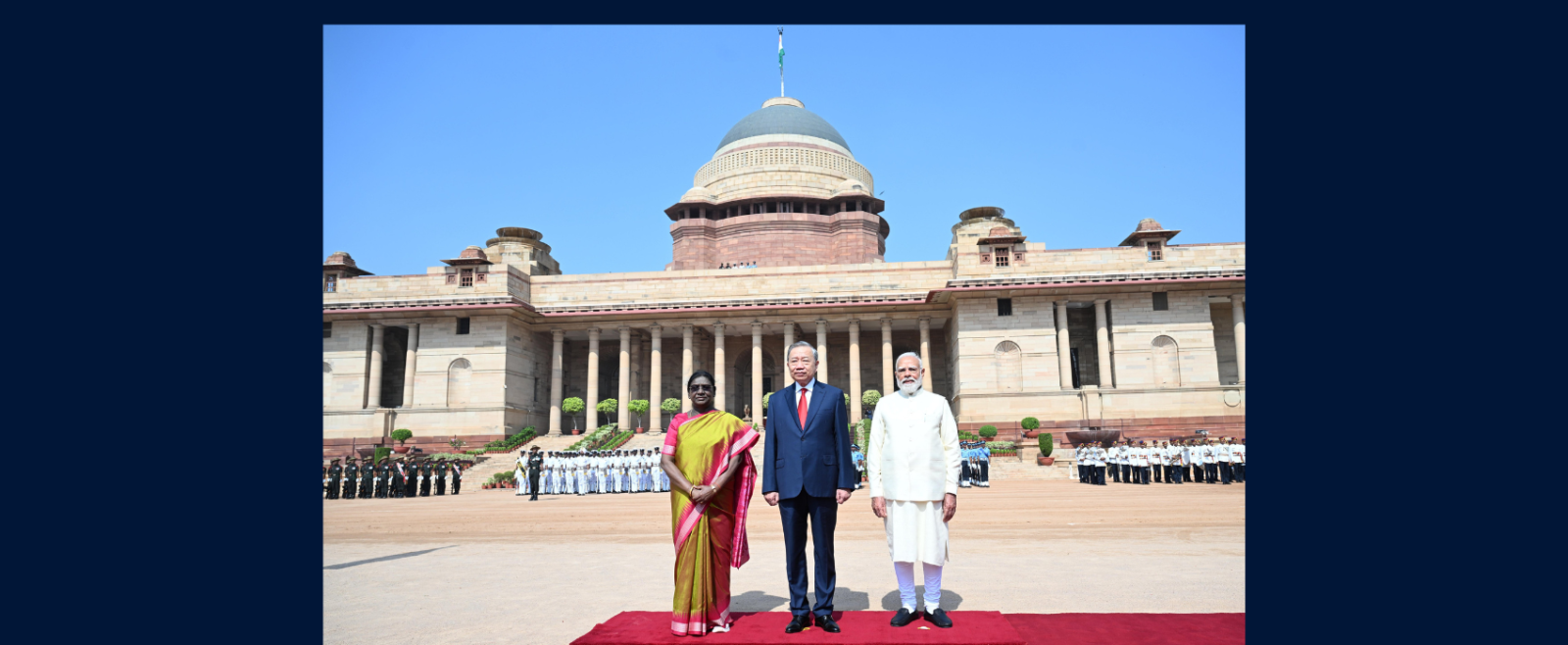 President Smt. Droupadi Murmu and Prime Minister Shri Narendra Modi accorded a ceremonial welcome to General Secretary of the Communist Party of Vietnam, President of Vietnam, H.E. Mr. To Lam at the forecourt of Rashtrapati Bhavan