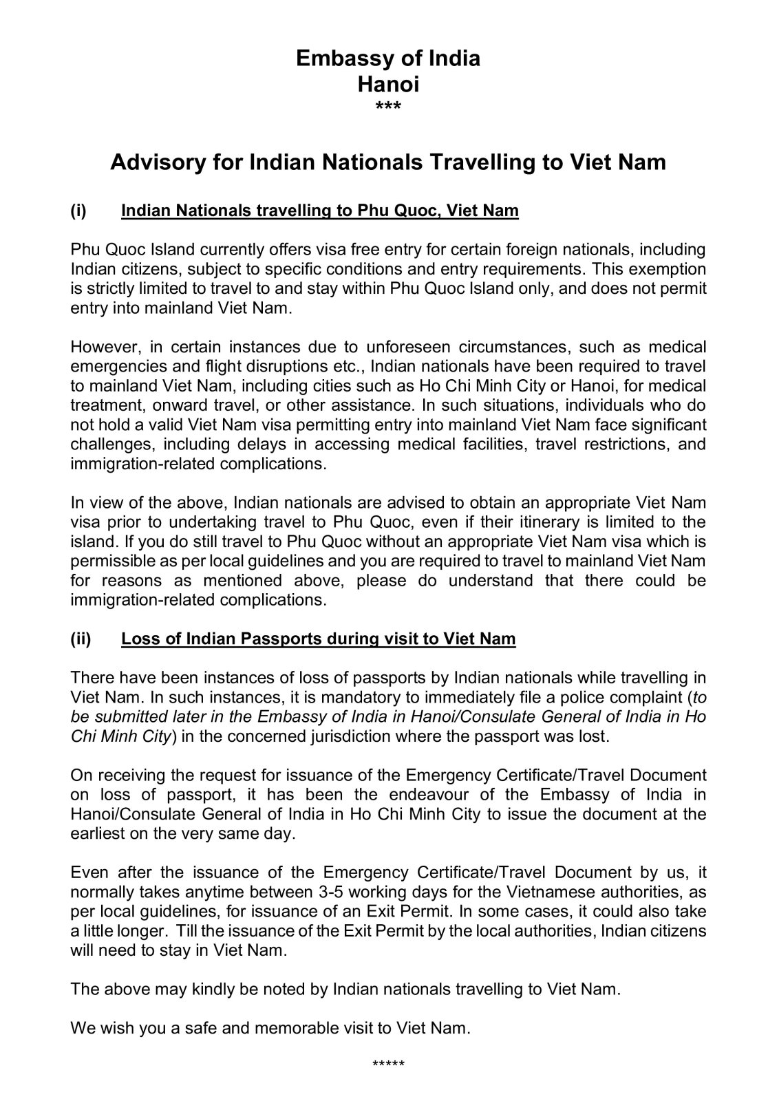 Advisory for Indian Nationals Travelling to Viet Nam.