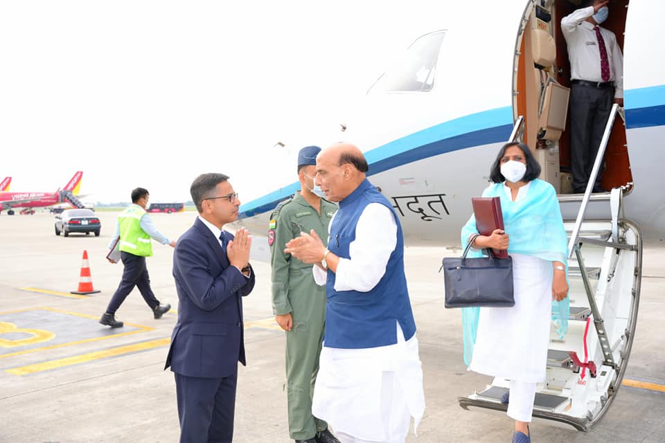 Raksha Mantri being welcomed upon his arrival in Hanoi by Ambassador 