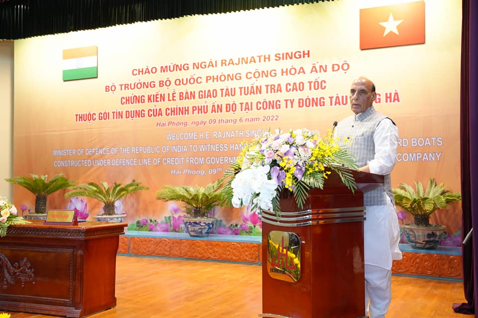 Raksha Mantri presiding over the ceremony at Hong Ha Shipyard, Hai Phong for the handing over of 12 High Speed Guard Boats built under India's Defence Line of Credit of US$100 million to Vietnam (9 June 2022)