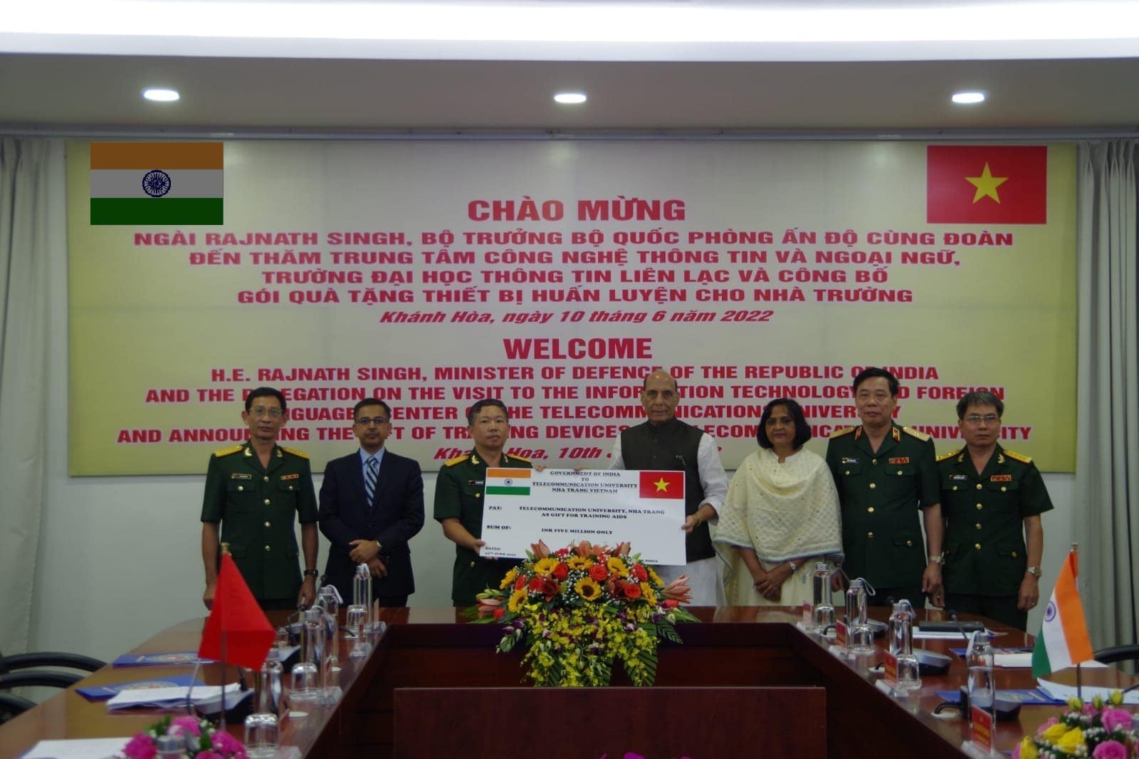 Raksha Mantri visiting the Telecommunications University of Vietnam People's Army where Government of India is extedning a grant of US$ 5 million for setting up an Army Software Park (10 June 2022)