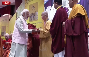 Prime Minister H.E. Mr. Narendra Modi with Supreme Patriarch of Vietnam Buddhist Sangha, His Holiness Thich Tri Quang at Global Buddhist Summit in Delhi on 20 April 2023