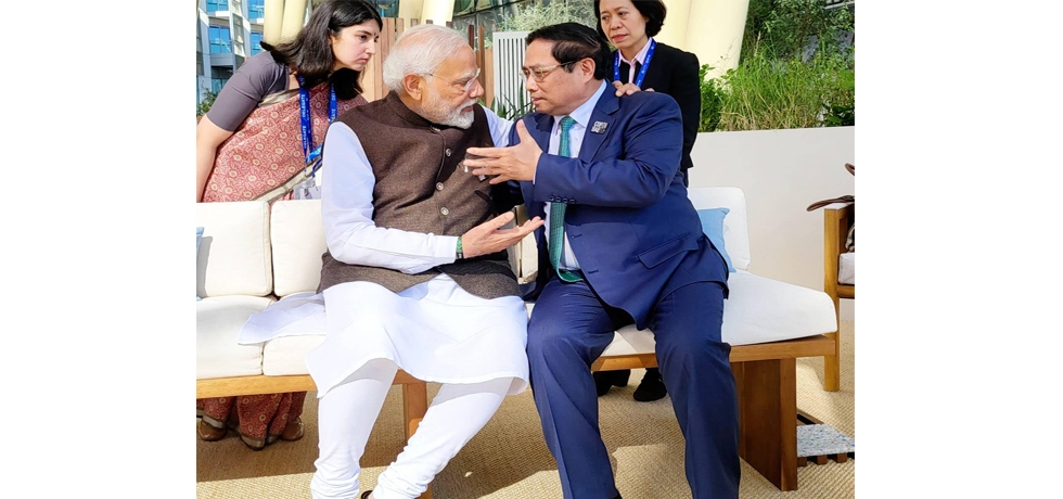 PM of India, H.E. Narendra Modi with PM of Viet Nam, H.E. Mr. Pham Minh Chinh at their interaction during COP-28 in Dubai on 1 December 2023