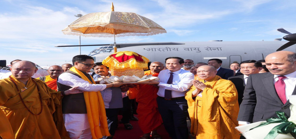 Holy Buddha Relics accompanied by Indian Minister of Parliamentary Affairs and Minority Affairs, H.E. Kiren Rijiju received by Minister of Ethnic and Religious Affairs of Vietnam at Ho Chi Minh City on 2 May 2025
